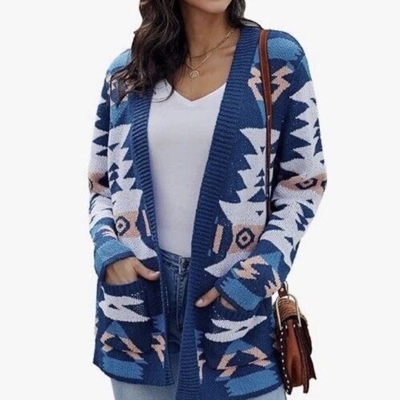 DAVI & DANI Aztec Oversized Long Navy and Cream Cardigan Sweater | Size L - Picture 2 of 13